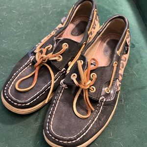 Black Leather Leopard Print Sperry Boat Shoes Size 7